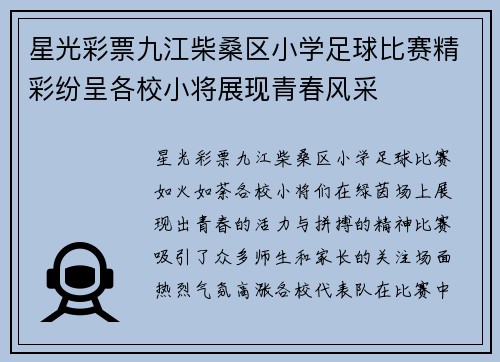 星光彩票九江柴桑区小学足球比赛精彩纷呈各校小将展现青春风采