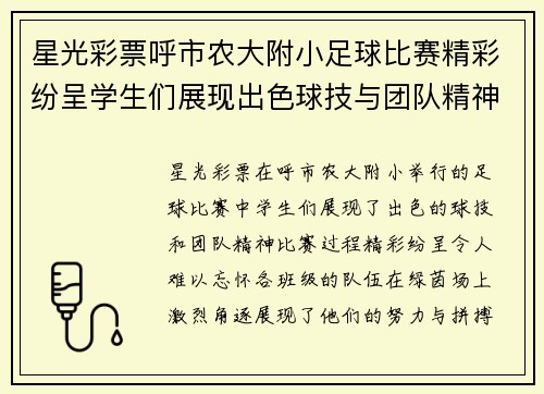 星光彩票呼市农大附小足球比赛精彩纷呈学生们展现出色球技与团队精神