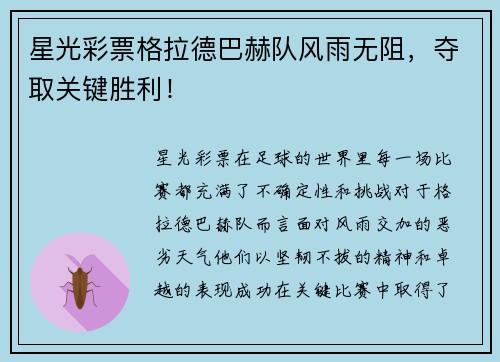 星光彩票格拉德巴赫队风雨无阻，夺取关键胜利！